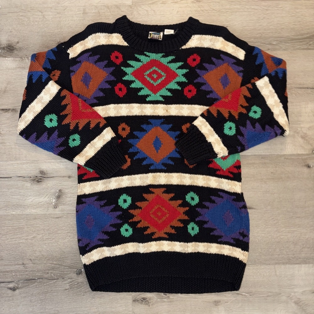 Vintage 90s Cube Oversized Aztec Pullover Knit Sweater Small‎ Multicolor (19X30)